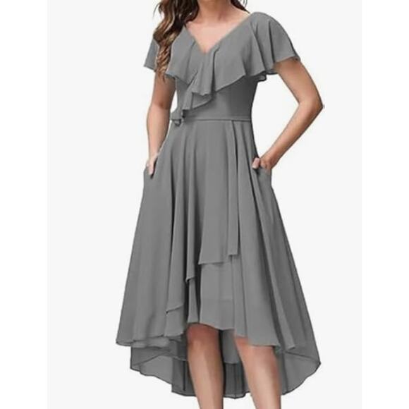 FORMAL SZ 8 M grey ruffle corset lace up hi low vneck faux wrap dress NEW B132 - Picture 1 of 9